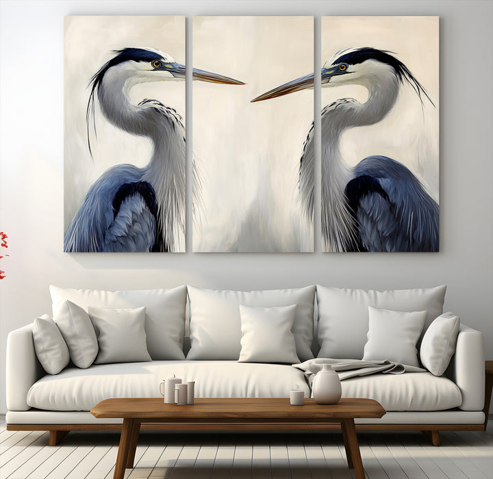 Blue Heron Pair Wall Art Canvas Print, Coastal Bird Theme Print, Framed Tranquil Wildlife Scene Art Print, Large Nature Inspired Decor Printing