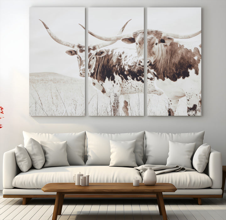 Longhorn Wall Art Wall Art Canvas Print, Western Cow Canvas Print, Framed Rustic Farm Decor Art Print, Large Neutral Animal Scene Printing