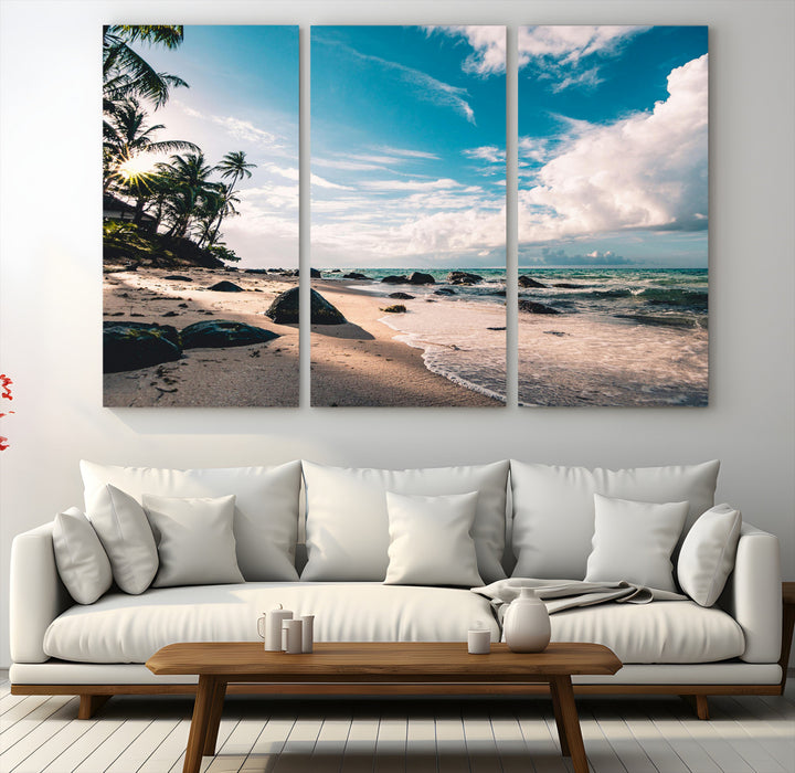 Tropical Beach Wall Art Canvas Print, Framed Ocean Waves Art Picture Print, Relaxing Seascape Perfect Tropical Coastal Decor Artwork