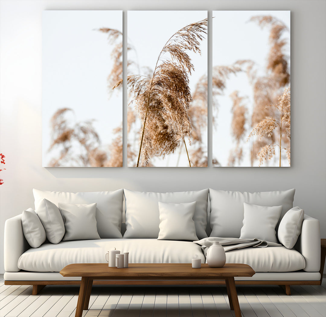 Pampas Grass Wall Art Canvas Print, Framed Neutral Tones Art Picture Print, Minimalist Nature Perfect Boho Decor Artwork