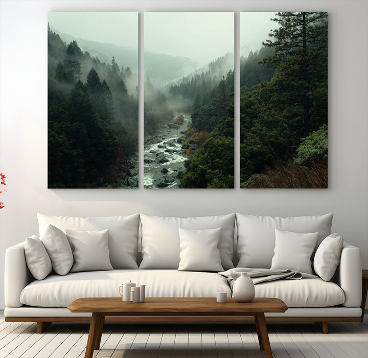 Misty Forest Wall Art Canvas Print, Framed Foggy River Art Picture Print, Moody Landscape Perfect Wilderness Decor Artwork