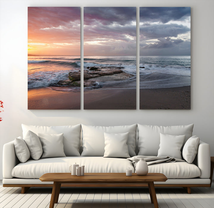 Golden Hour Wall Art Canvas Print, Framed Tranquil Waves Art Picture Print, Beach Perfect Coastal Serenity Decor Artwork