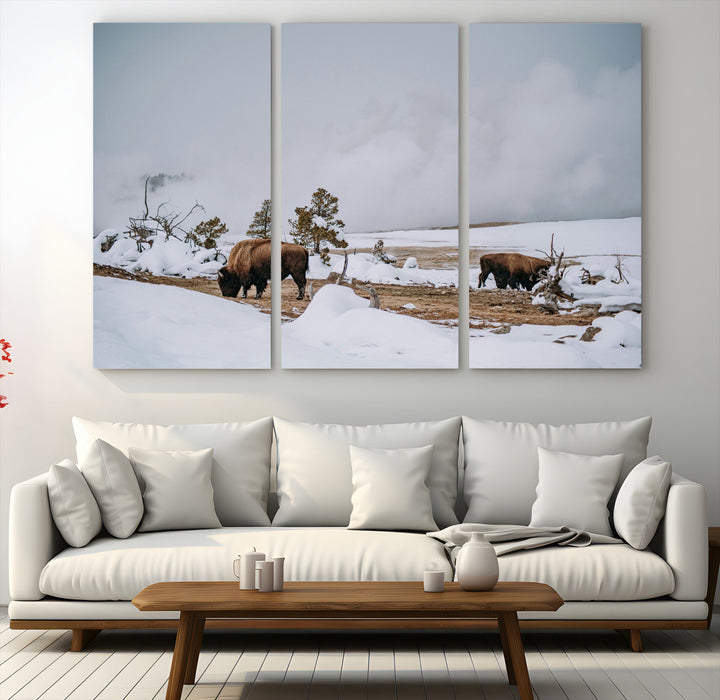 Bison Wildlife Wall Art Canvas Print, Framed Snowy Prairie Art Picture Print, Western Perfect Rustic Decor Artwork