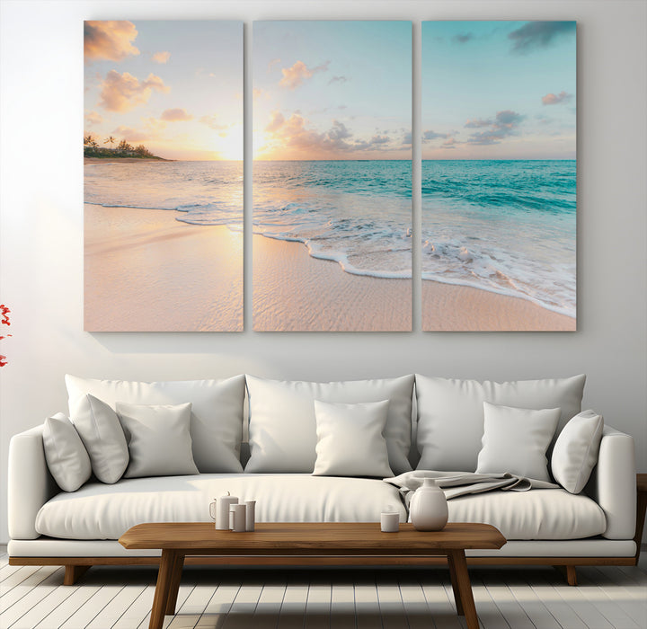 Beach Sunset Wall Art Canvas Print, Framed Ocean Waves Art Picture Print, Summer Escape Perfect Coastal Decor Artwork