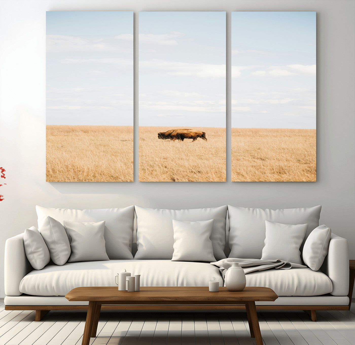 MGV-CV-48X32-3P - Minimalist Nature Wall Art Canvas Print, Framed Bison In Grassland Art Picture Print, Open Field Perfect Modern Ranch Decor Decor Artwork