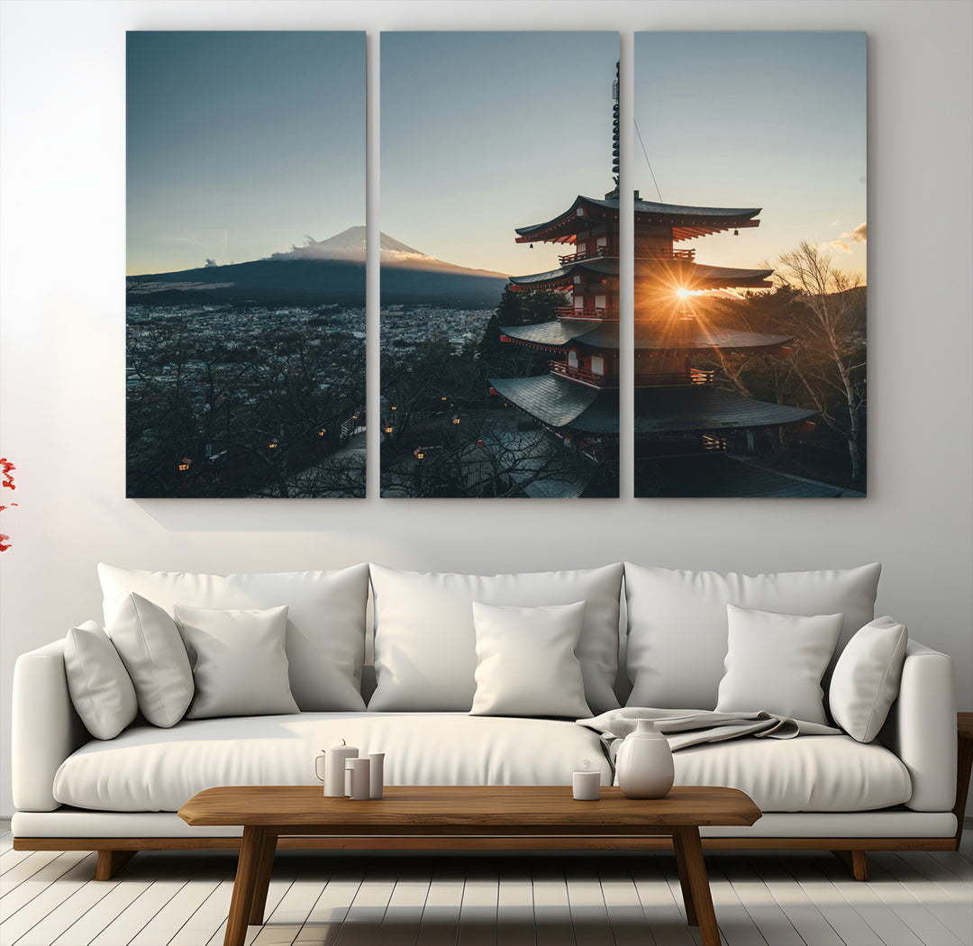Chureito Pagoda at sunset with Mount Fuji in the background, city lights below, and golden sun rays, ideal for Japanese-inspired wall art.