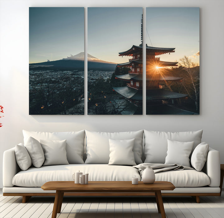 Chureito Pagoda at sunset with Mount Fuji in the background, city lights below, and golden sun rays, ideal for Japanese-inspired wall art.