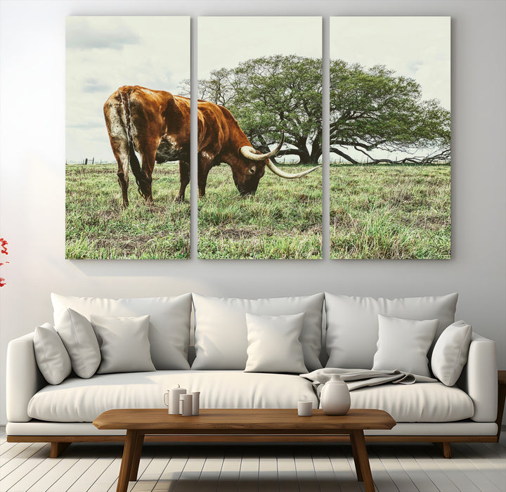 A Texas Longhorn grazing in a green pasture with a large tree in the background, evoking a rustic Western and farmhouse aesthetic.