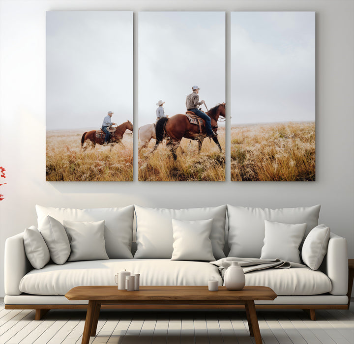 Three cowboys riding horses through a foggy prairie landscape, dressed in Western attire, evoking a rustic and adventurous Wild West aesthetic.