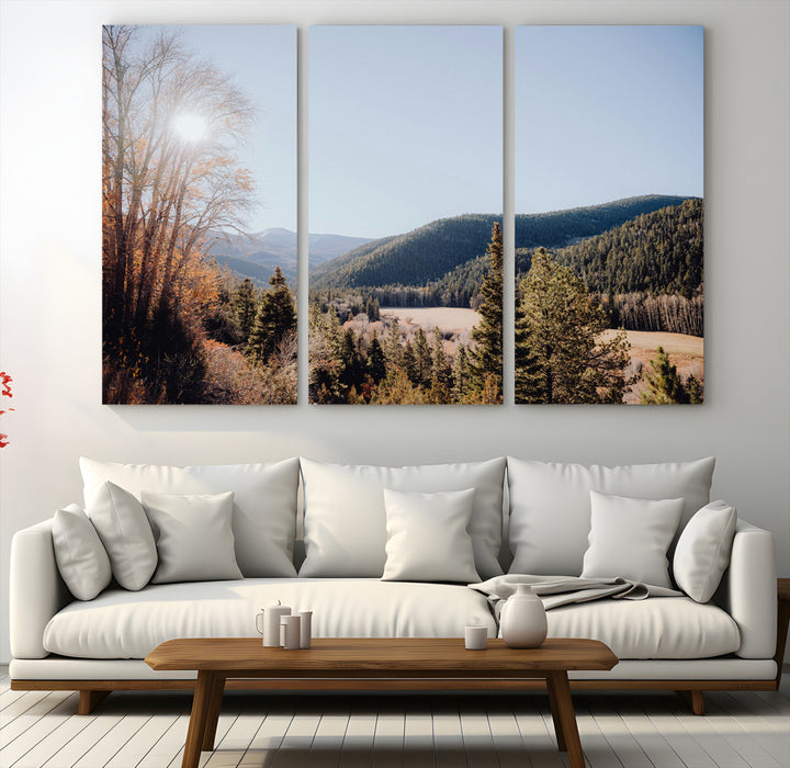 A scenic mountain valley with pine trees and autumn foliage under a clear sky, bathed in golden sunlight, creating a peaceful and rustic landscape.