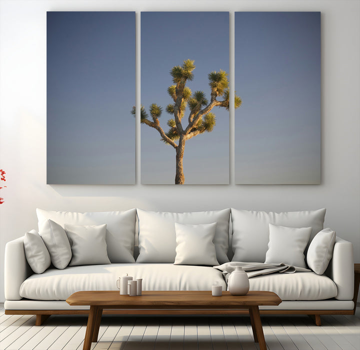 A lone Joshua Tree standing against a deep blue sky, capturing the serene and rugged beauty of the Southwestern desert landscape.
