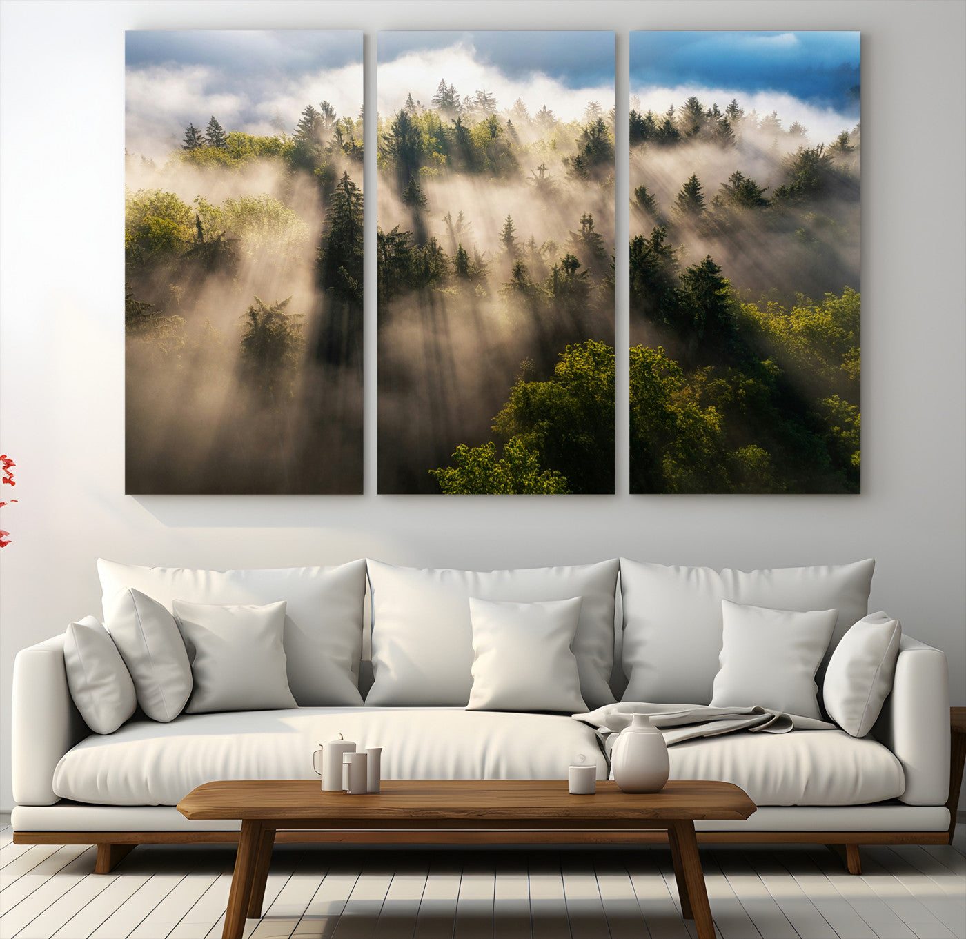14785710-MGV-CV-48X32-3P-Tranquil Forest Scene Wall Art Canvas Print – Framed Moody Sunbeam Through Trees Nature Artwork for Home Office