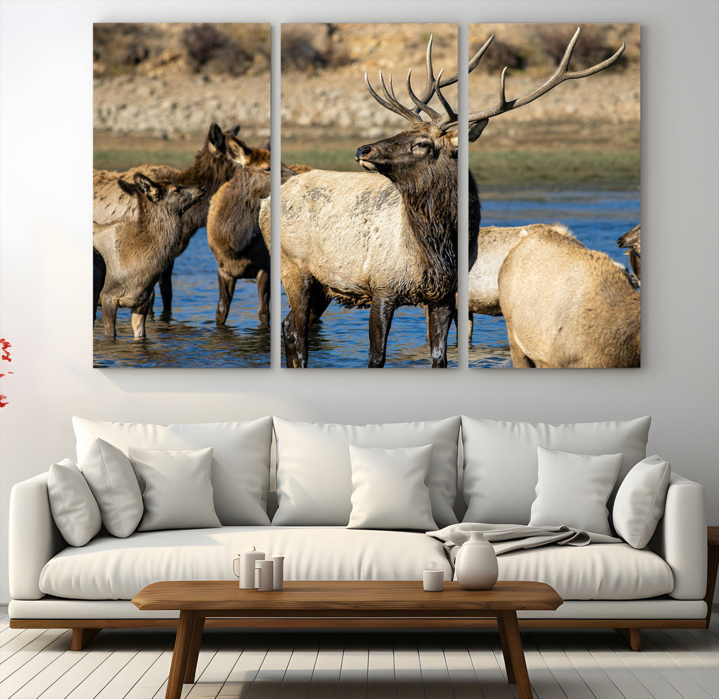 21531692-MGV-CV-48X32-3P-Wild Elk Wall Art Canvas Print – Framed Neutral Wildlife Rustic Forest Scene Photography Artwork for Home Office
