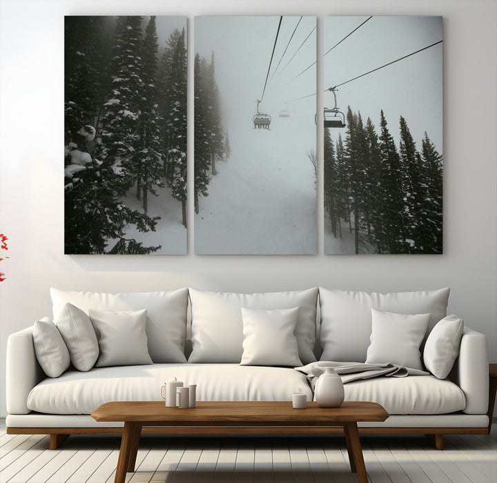 Ski Lift Wall Art Canvas Print, Framed Snowy Pines Art Picture Print, Misty Landscape Perfect Winter Serenity Decor Artwork