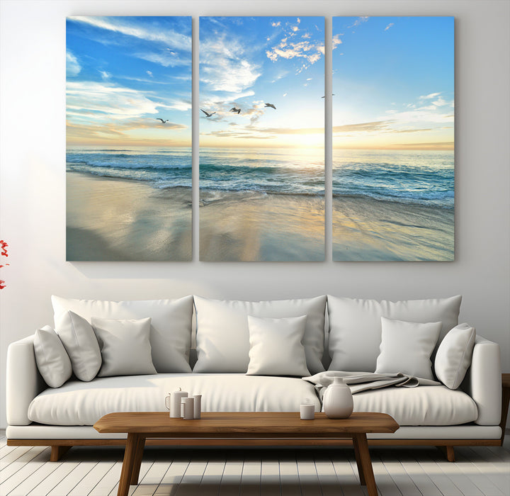 20708696-MGV-CV-60X40-3P-Minimalist Seaside Morning Glow Art Canvas Print, Golden Reflections Perfect Coastal Minimalist Decor Artwork