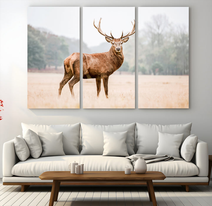 Vintage Wildlife Canvas Print, Framed Misty Landscape Art Picture Print, Deer Wall Art Perfect Rustic Wildlife Decor Artwork