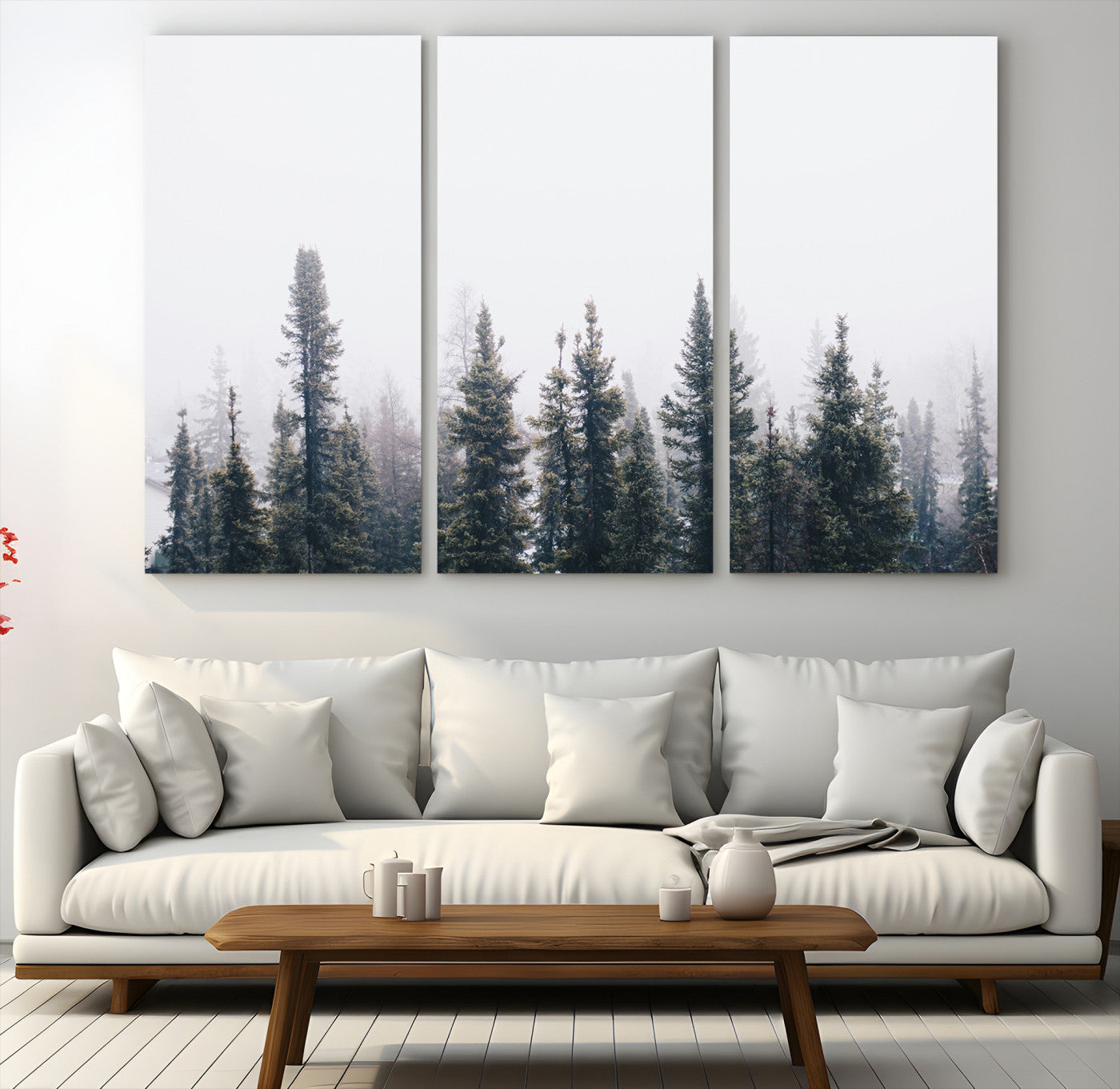 42364796-MGV-CV-60X40-3P-Foggy Forest Wall Art Canvas Print, Framed Misty Pines Art Picture Print, Moody Woodland Perfect Scandinavian Minimalist Decor Artwork