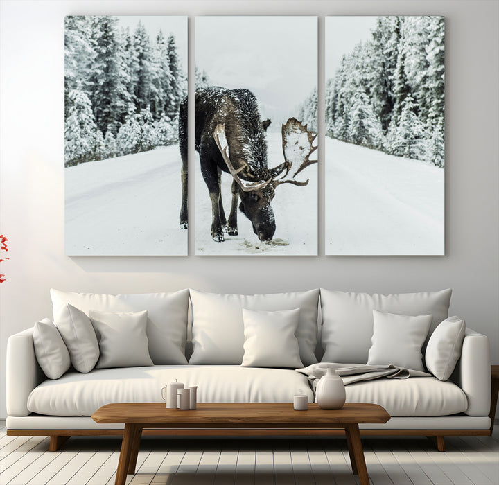 Moose in Snow Wall Art Canvas Print, Framed Winter Wildlife Art Picture Print, Snowy Forest Scene Perfect Rustic Lodge Decor Artwork