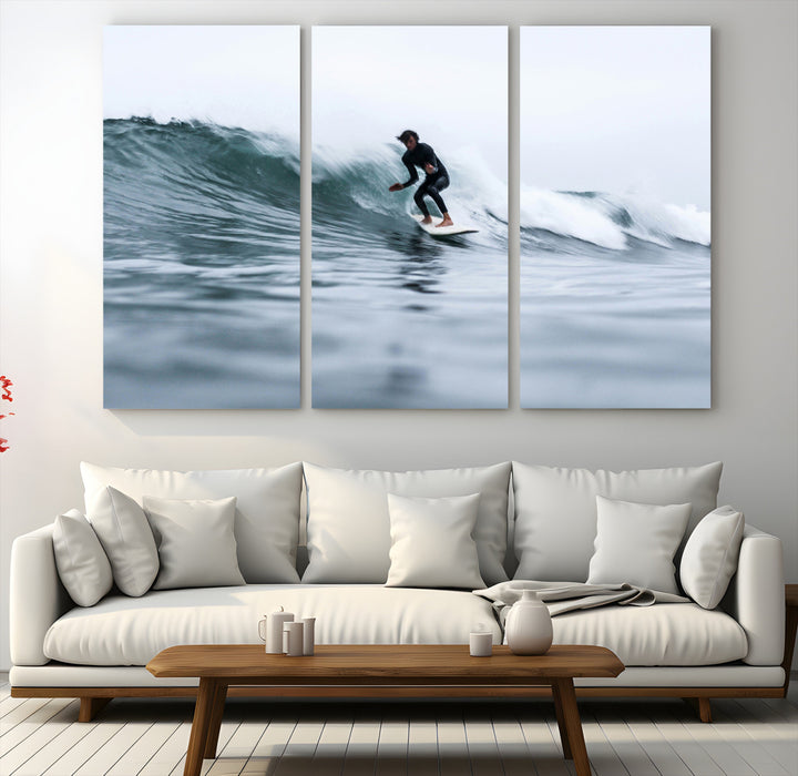 Surfer on Wave Wall Art Canvas Print, Ocean Adventure Print, Framed Motion Blur Water Art Print, Large Deep Blue Surf Printing