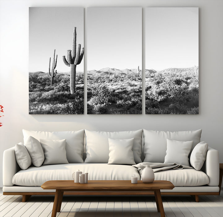 Saguaro Cactus Wall Art Canvas Print, Monochrome Landscape Print, Framed Scenic Arizona Art Print, Large Timeless Western Aesthetic Printing
