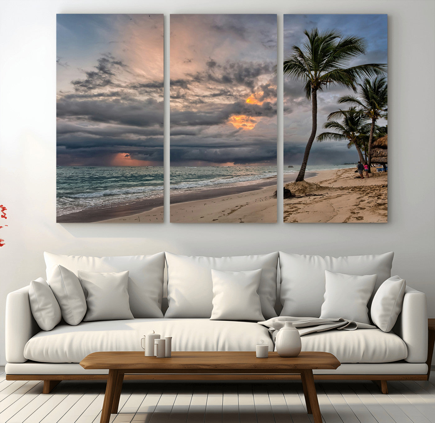 MGV-CV-48X32-3P - Tropical Storm Wall Art Canvas Print, Framed Moody Beach Art Picture Print, Dramatic Sky Perfect Tropical Coastal Decor Artwork
