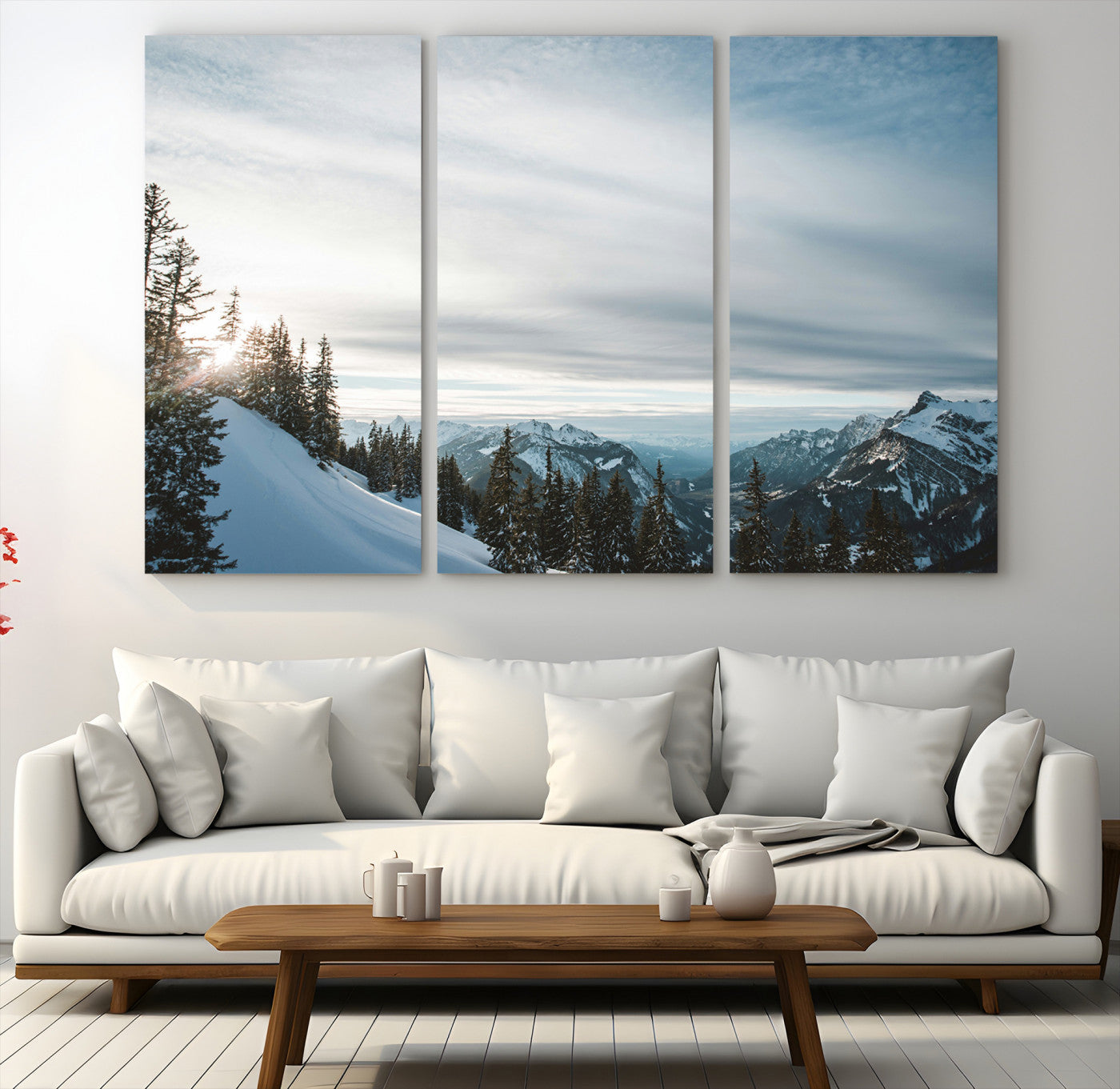 55564749-MGV-CV-48X32-3P-Snowy Mountains Wall Art Canvas Print, Framed Alpine Landscape Art Picture Print, Frosty Peaks Perfect Nordic Minimalist Decor Artwork
