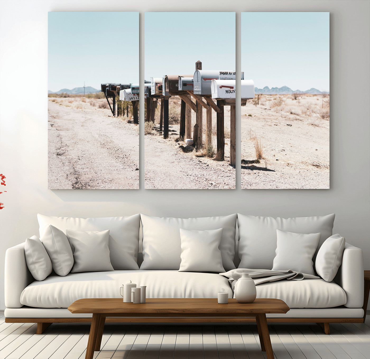 MGV-CV-48X32-3P - Desert Mailboxes Canvas Print – Minimal Western Landscape Photography, Rustic Americana Wall Art for