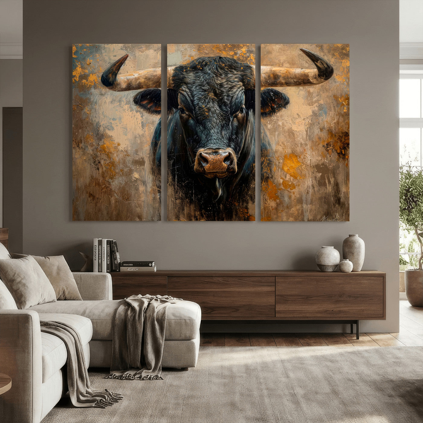 91615410-MGV-CV-36X24 - Abstract Texas Longhorn Bull Wall Art – Rustic Farmhouse Canvas Print, Western Cabin Style Decor, Large Animal Artwork for Living Room or Office