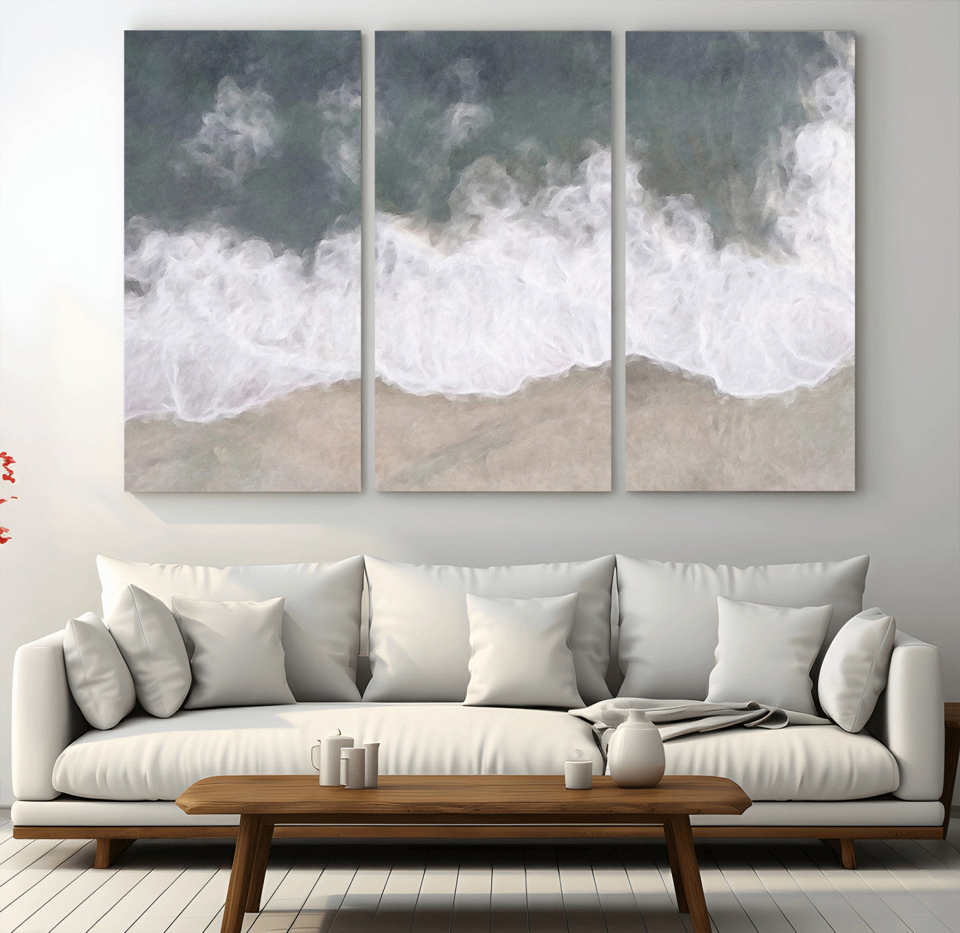 Wall art canvas print featuring foamy ocean waves softly rolling onto a sandy shore with a dreamy, painterly texture.
