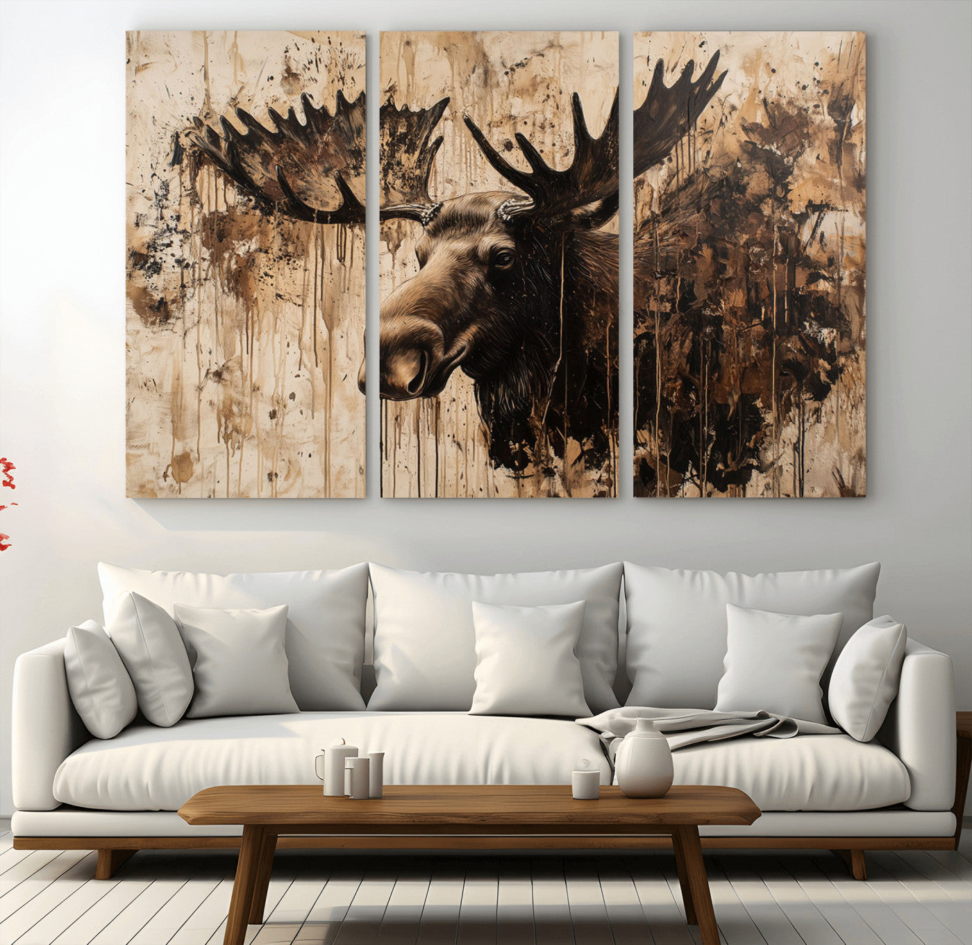 Artistic painting of a moose head with large antlers in shades of brown and black, with paint splatters and drips on a beige textured background, creating a rustic and expressive wall art canvas.