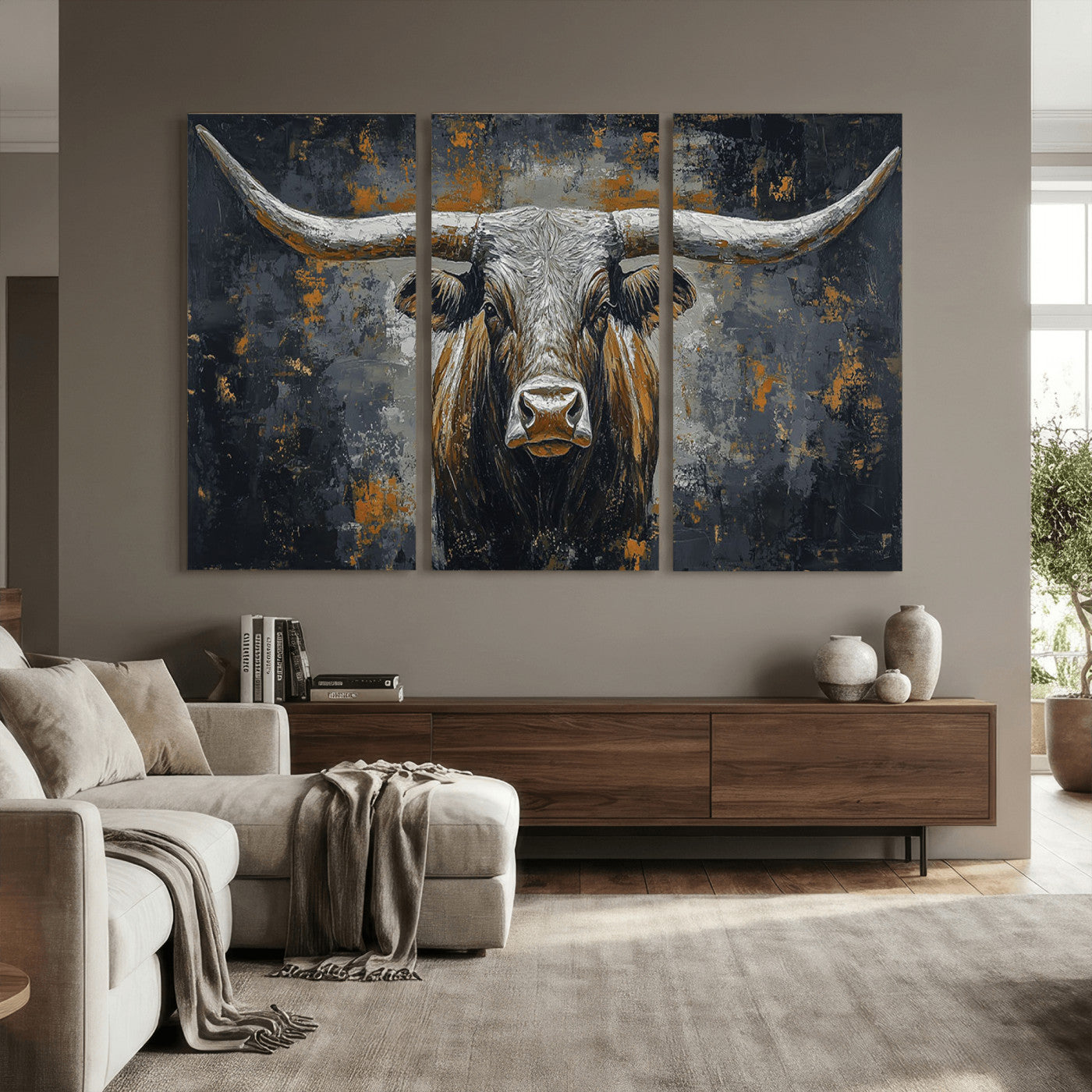 73972561-MGV-CV-36X24 - Bold Bull Wall Art Canvas – Striking Portrait with Wide Horns and Rich Brown Hues, Rustic Farmhouse and Western Decor for Home Room
