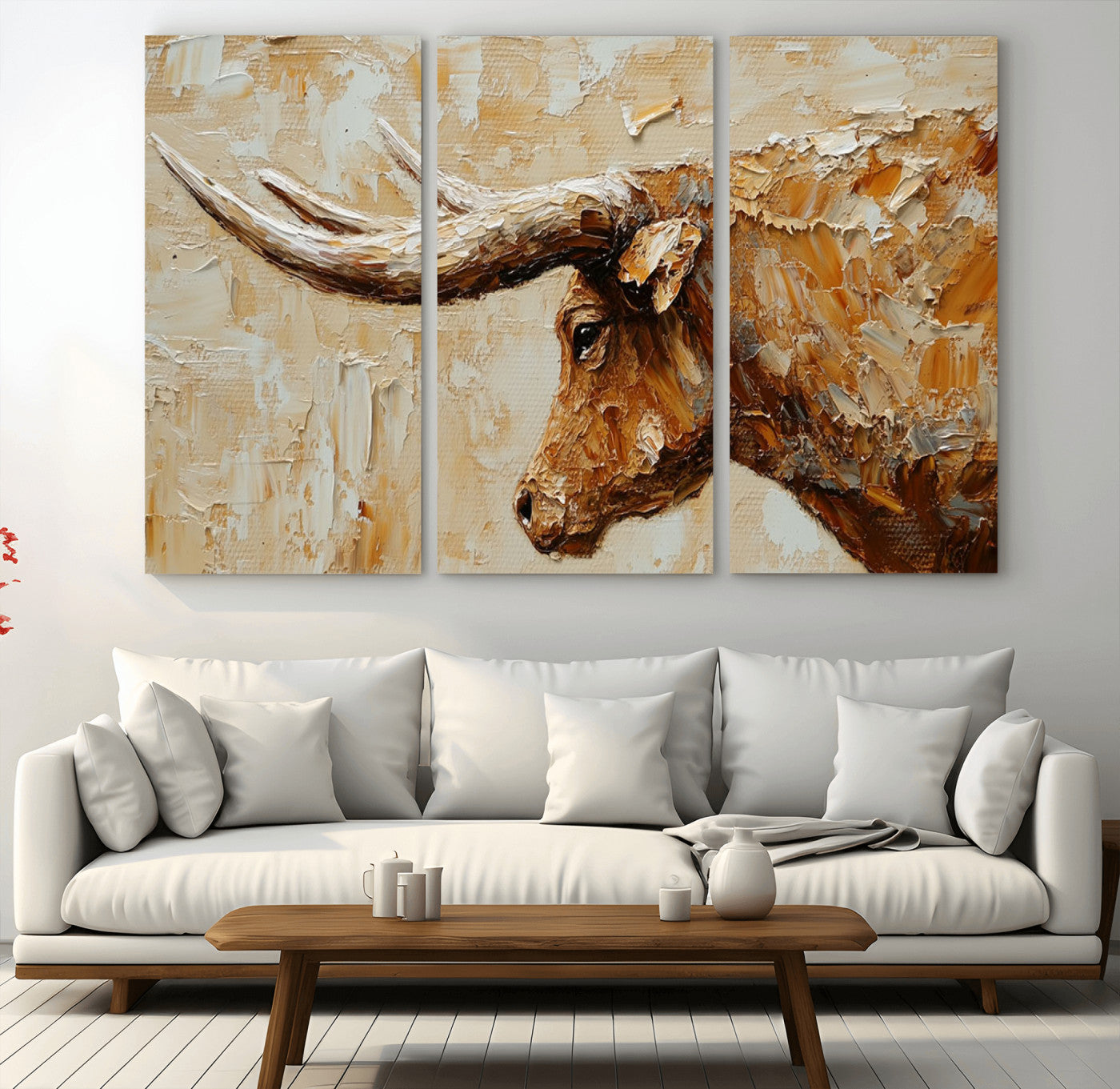 69611428-MGV-CV-48X32-3P-Rustic Longhorn Bull Wall Art Canvas Print – Vintage Western Cattle Texas Steer Scene Artwork for home, office
