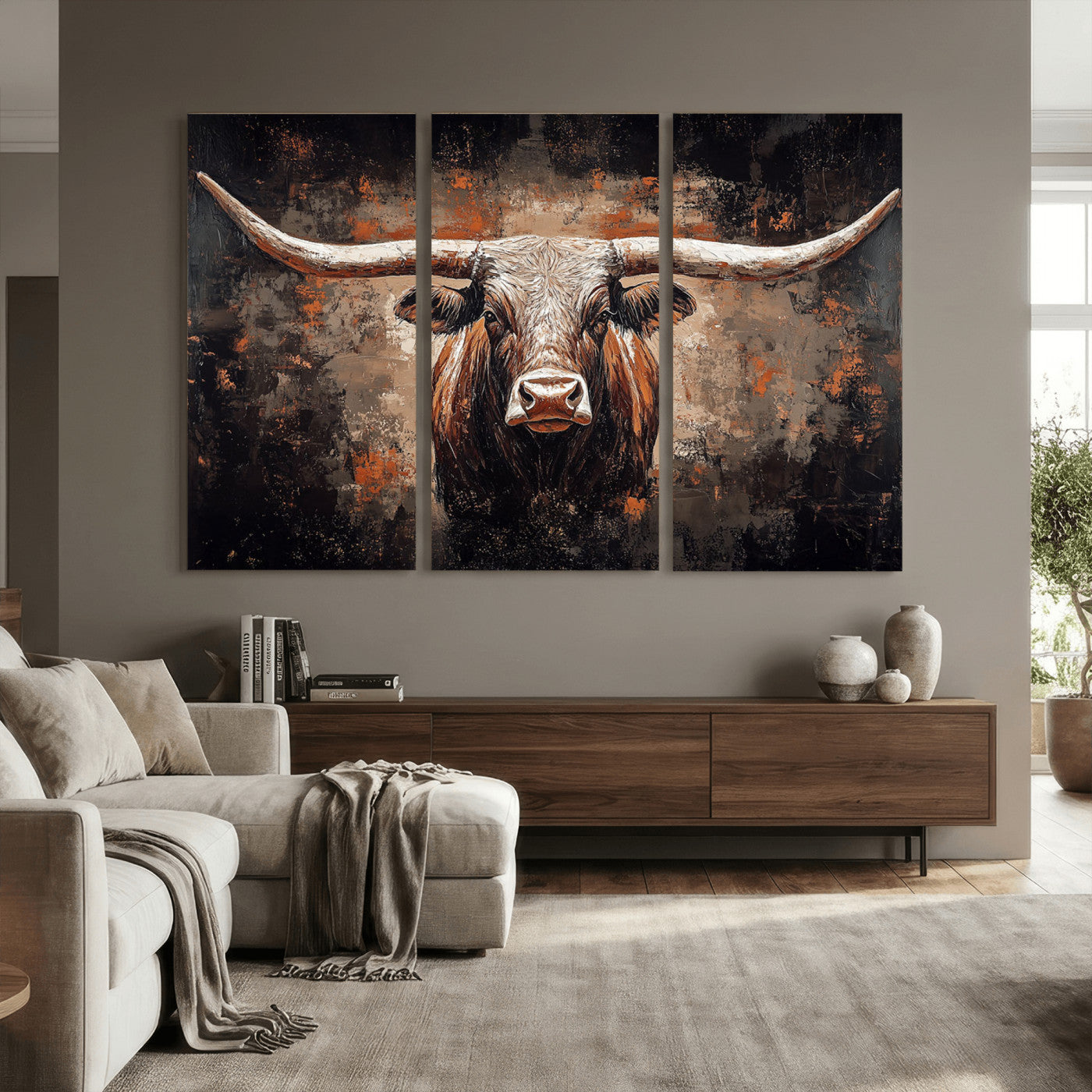 24779067-MGV-CV-36X24 - Rustic Longhorn Bull Wall Art Canvas Print – Vintage Western Cattle Painting, Texas Steer Artwork