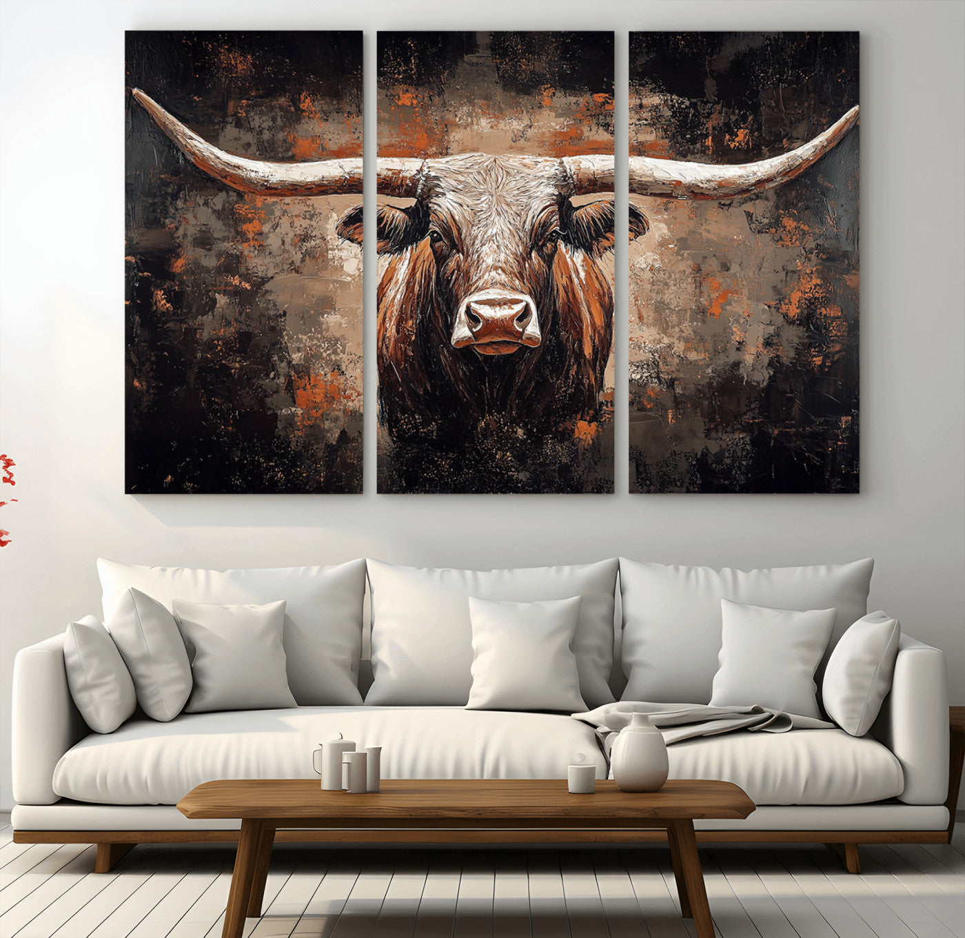 MGV-CV-48X32-3P - Rustic Longhorn Bull Wall Art Canvas Print – Vintage Western Cattle Painting, Texas Steer Artwork Print