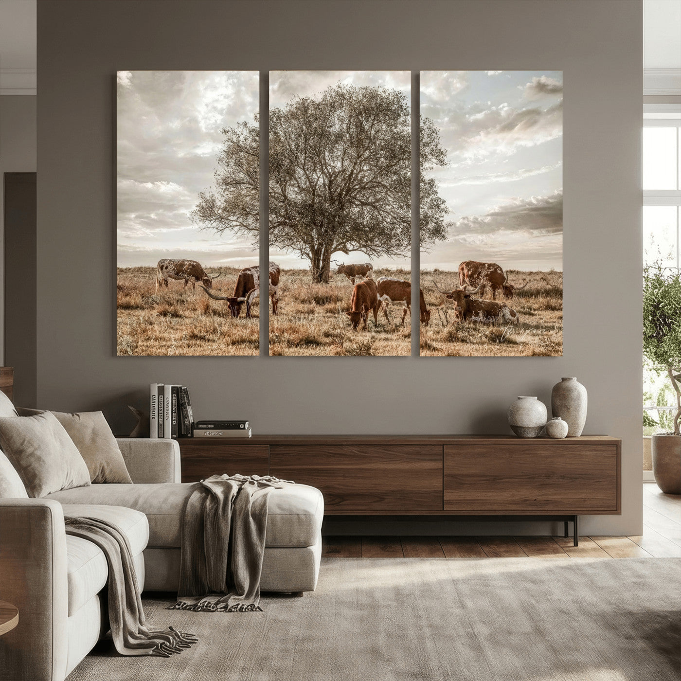 87590224-MGV-CV-36X24 - Texas Longhorn Cattle Wall Art Canvas Print – Rustic Western Ranch Scene with Steers at Sunset, Perfect for Farmhouse or Cowboy Decor