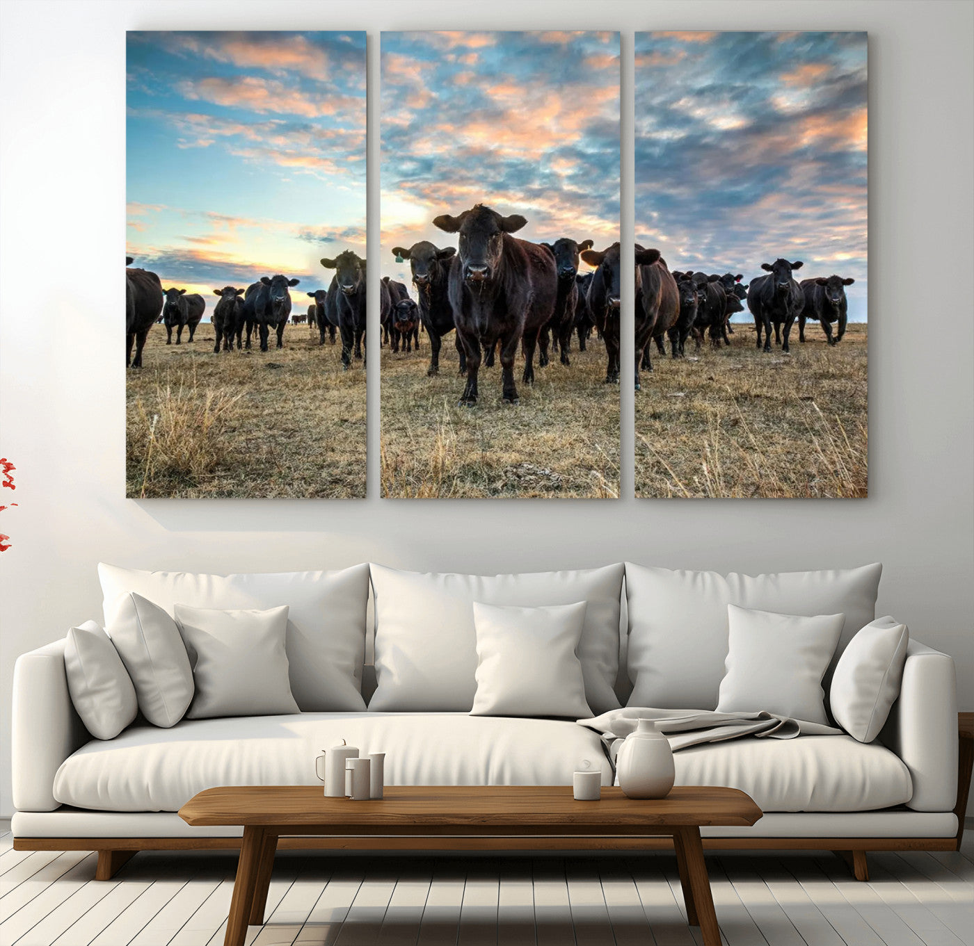 13867292-MGV-CV-60X40-3P-Texas Longhorn Cattle Wall Art Canvas Print – Rustic Western Ranch Scene with Steers at Sunset, Perfect for Farmhouse or Cowboy Decor