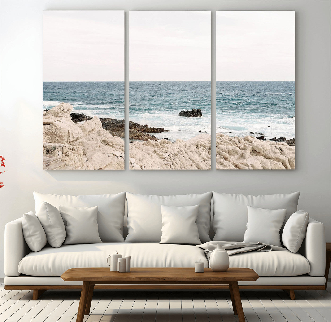 25481980-MGV-CV-36X24-Coastal Ocean View Wall Art Canvas Print – Serene Rocky Shoreline and Blue Sea Photography for Home, Office