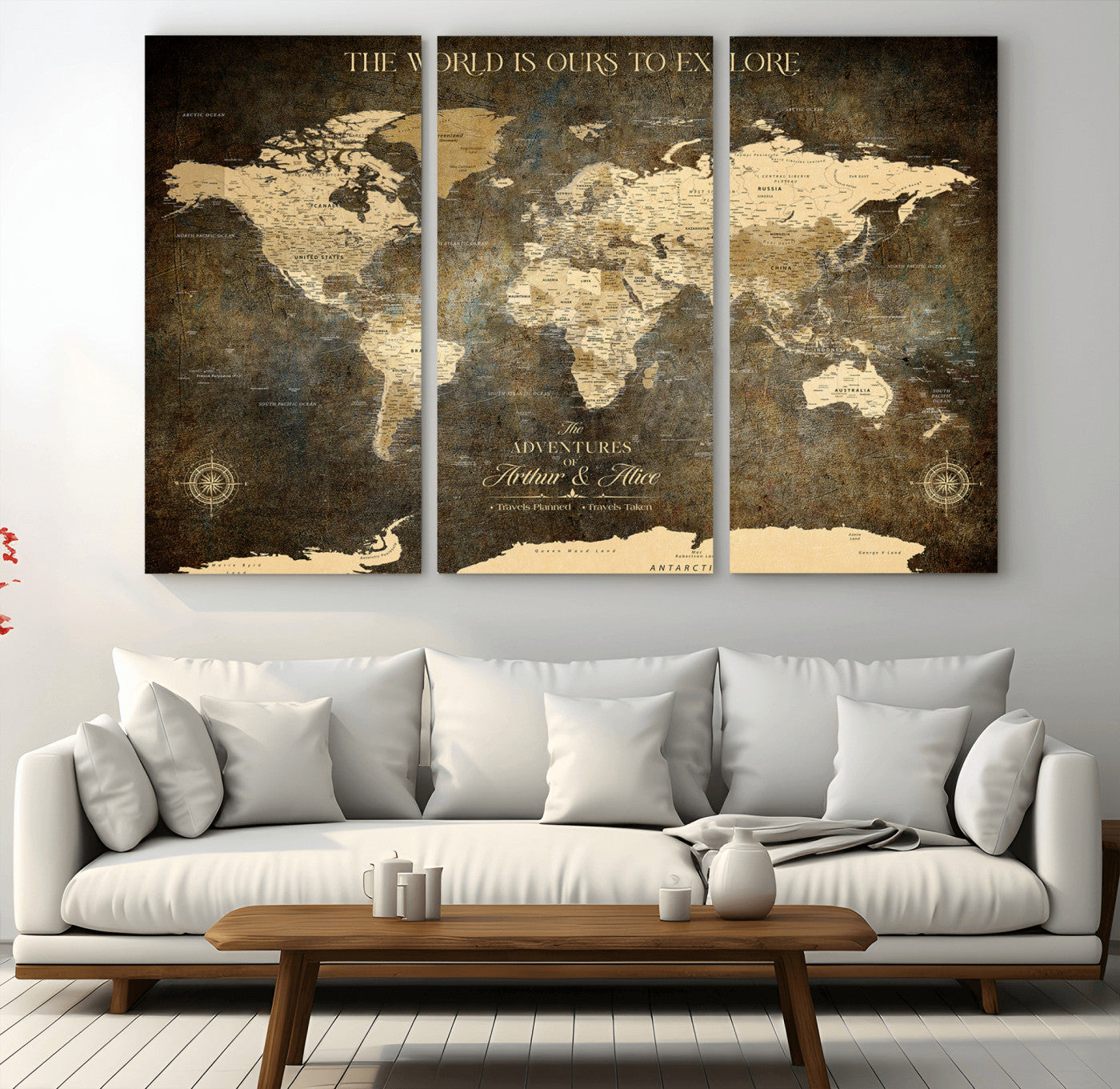 76675404-MGV-CV-60X40-3P-Framed Push Pin World Travel Map – Canvas Wall Art for Tracking Adventures, Decorative Vintage Style Map with Pins for Home or Office - H1