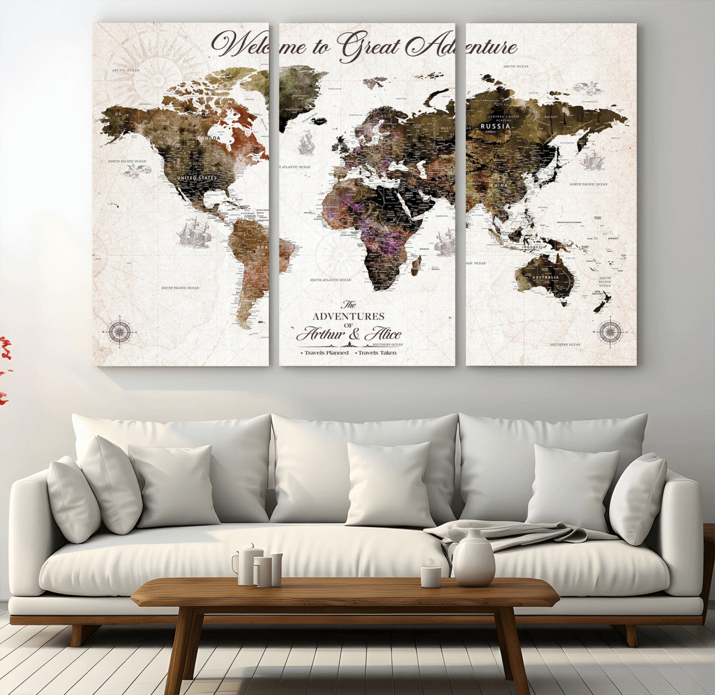 -Personalized World Map Canvas Custom Framed Push Pin Travel Tracker Vintage Adventure Wall Art Gift Couples Travelers Home, Office
