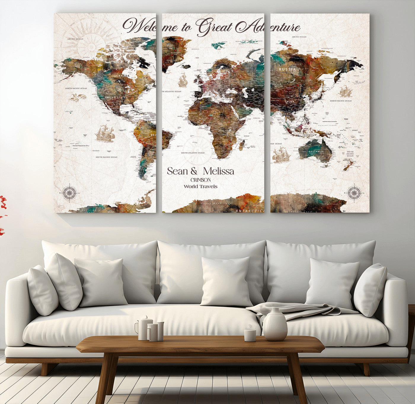 92462592-MGV-CV-48X32-3P-Customize Push Pin World Map Wall Canvas Print – Personalizable Travel World Map with Pins – Framed Personalized Map Print for Couple Gift