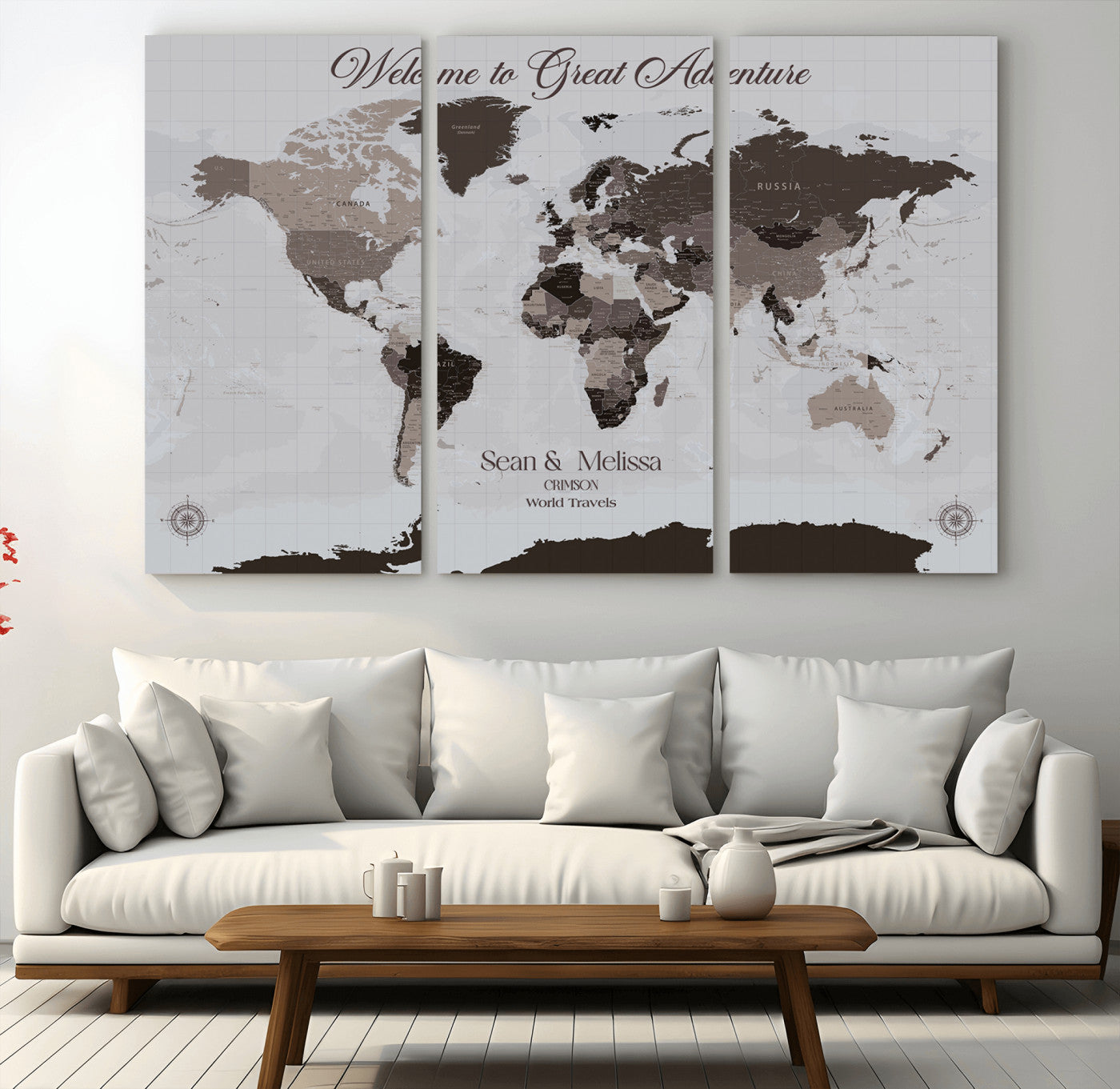 -Personalized Gray Brown World Map Canvas Custom Framed Push Pin Travel Tracker Modern Neutral Wall Art Gift Couples for Home, Office