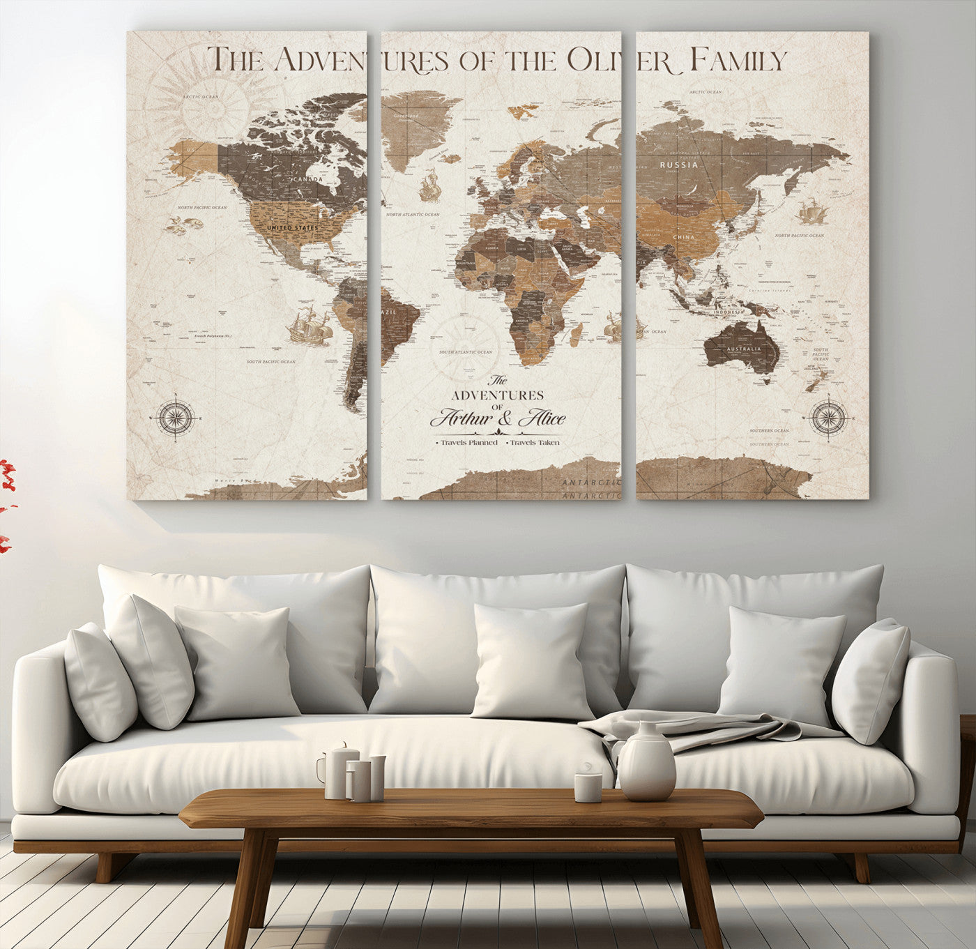 84483613-MGV-CV-48X32-3P-Personalized Push Pin World Map Canvas Print Custom Family Travel Tracker Map Framed Adventure Gift for Couples Home Office