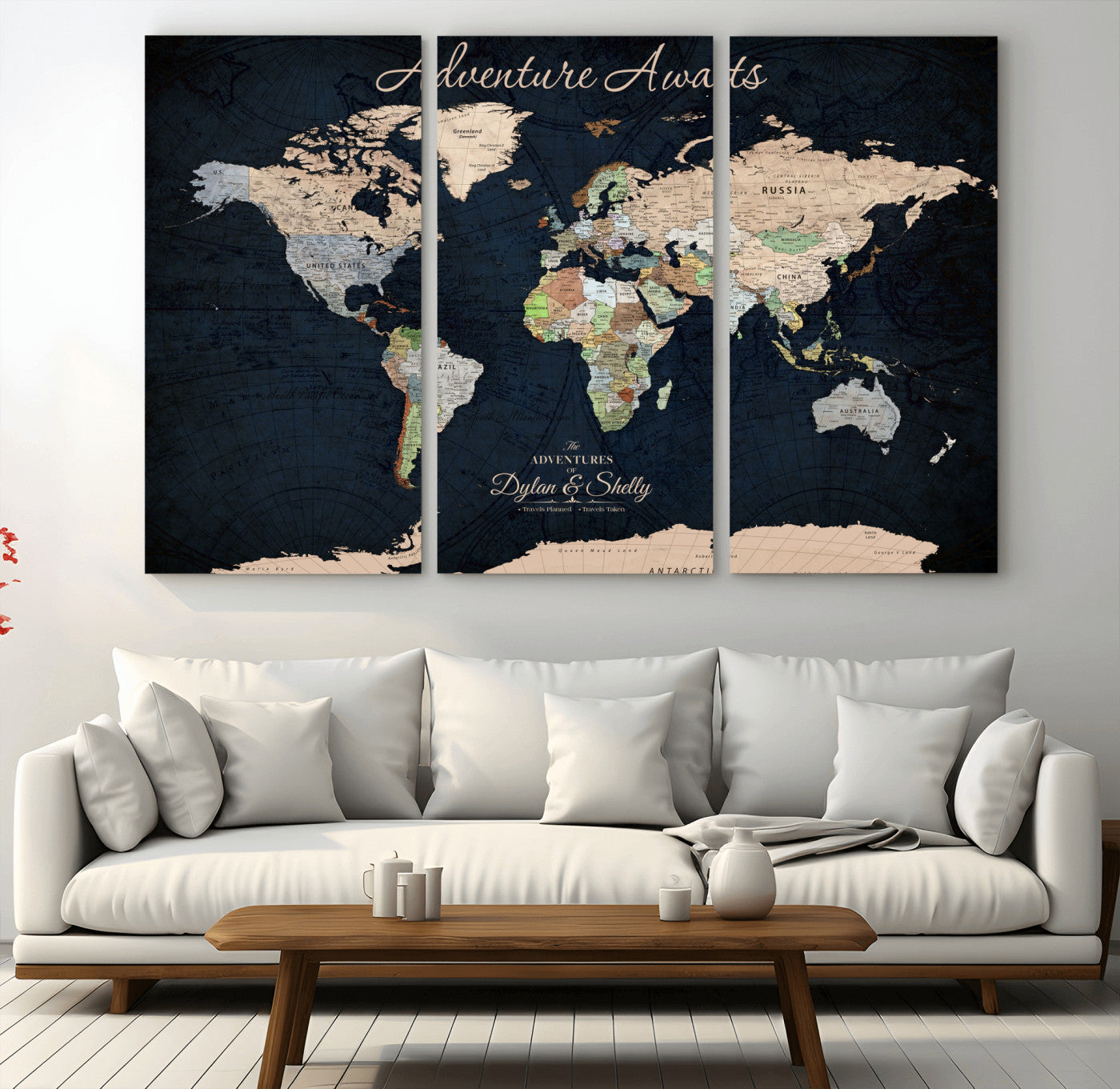 43186793-MGV-CV-60X40-3P-Personalized World Map Print, Customizable Push Pin Framed World Map Print on Canvas - Custom Quote on Map Print
