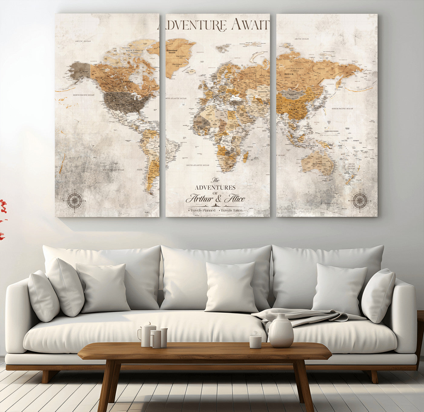 Rehber01-MGV-CV-36X24-Personalized World Map Canvas Print – Custom Push Pin Travel Map Vintage Neutral Style Gift for Couples Travelers for Home Office