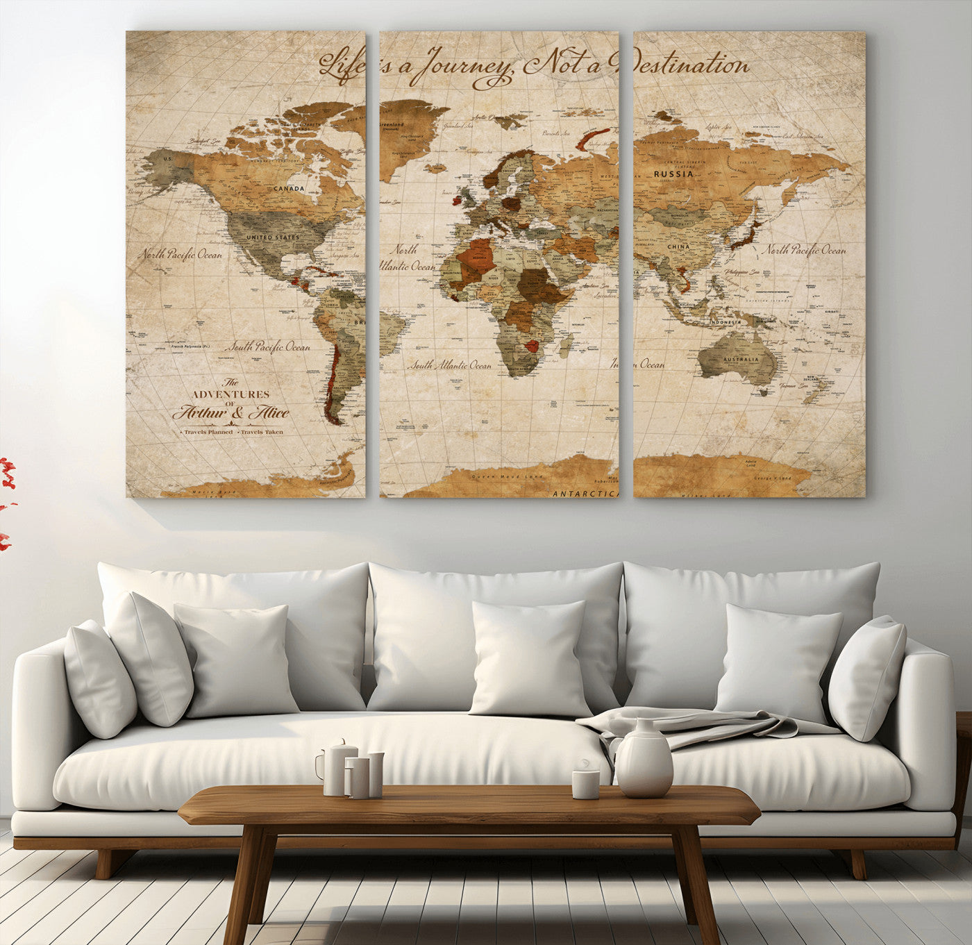 Rehber01-MGV-CV-36X24-Personalized Vintage World Map Canvas – Custom Framed Push Pin Travel Map Wall Art, Rustic Gift for Couples and Travel Lovers
