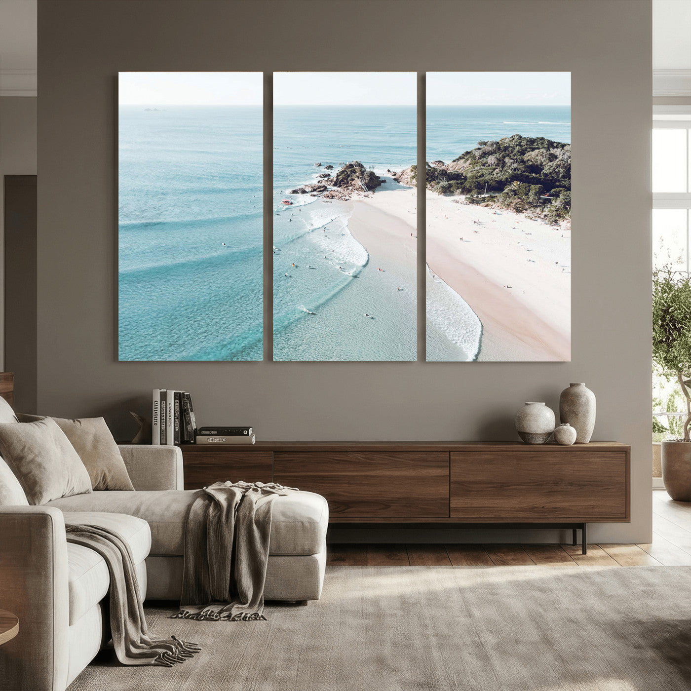 79395467-MGV-CV-36X24 - Aerial Beach Wall Art Canvas Print, Coastal Ocean Waves and Surfers Scenic Seaside Artwork for Home, Office Decor