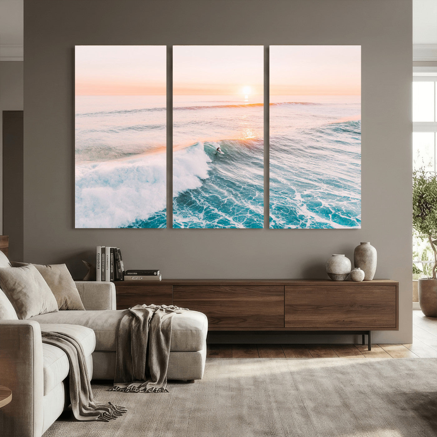 34064591-MGV-CV-36X24 - Sunset Surfing Wall Art Canvas Print, Ocean Wave Surfer with Golden Sky Artwork for Home, Office, Living Room