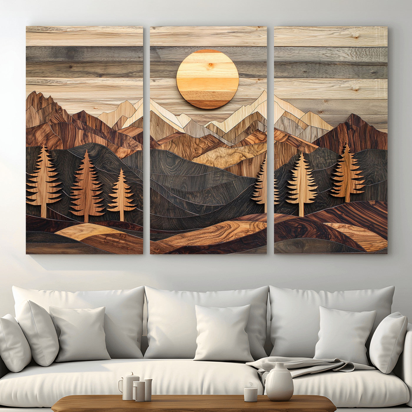 19832326-MGV-CV-48X32-3P - Wooden Mountain Landscape Layered Texture Geometric Shapes Sun Pine Trees Rustic Natural Tones Art