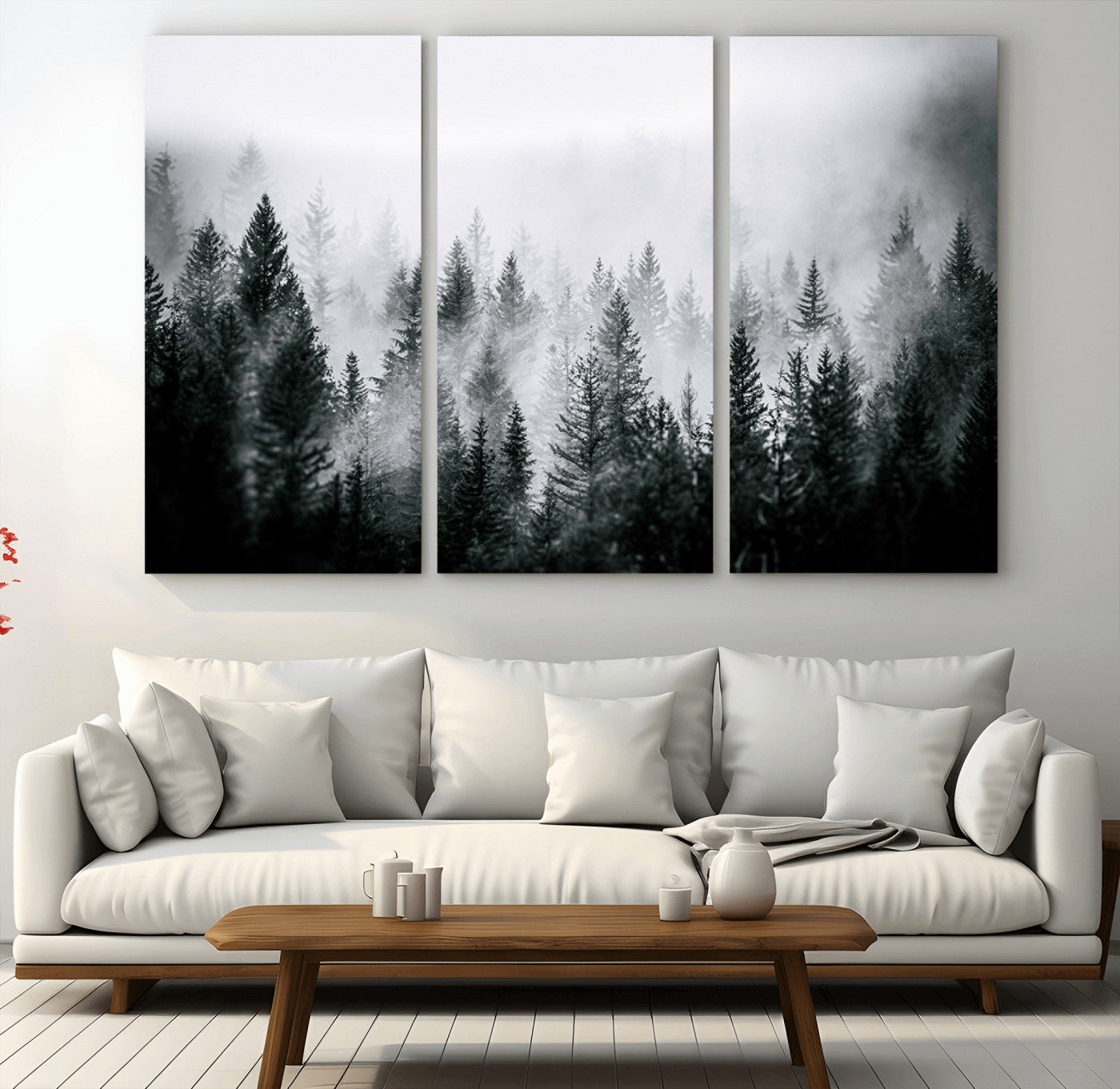 Horizontal black and white canvas wall art of foggy pine forest landscape for modern and rustic home decor