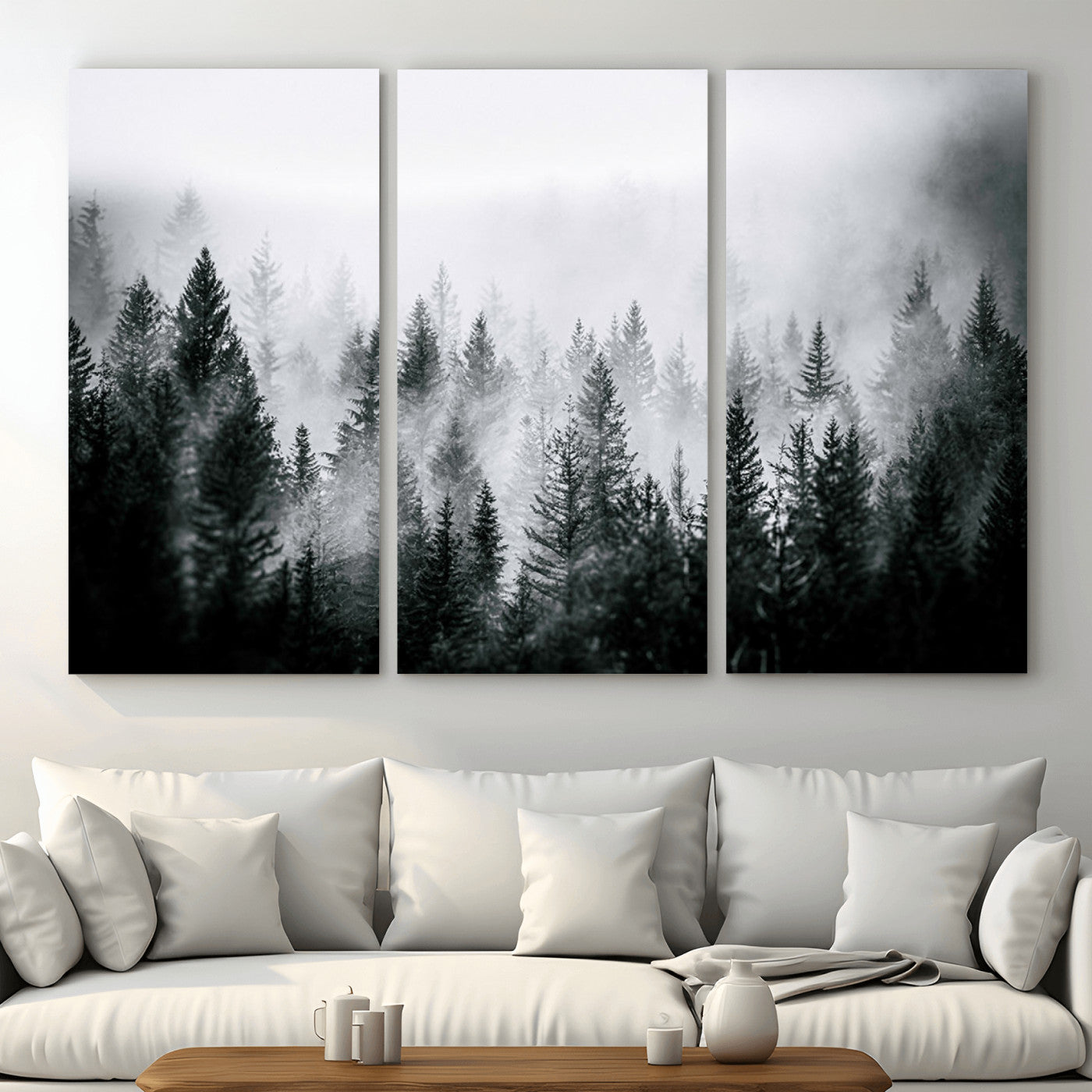 MGV-CV-48X32-3P - Foggy Pine Forest Canvas Wall Art – Black and White Nature Landscape Print, Horizontal Canvas for